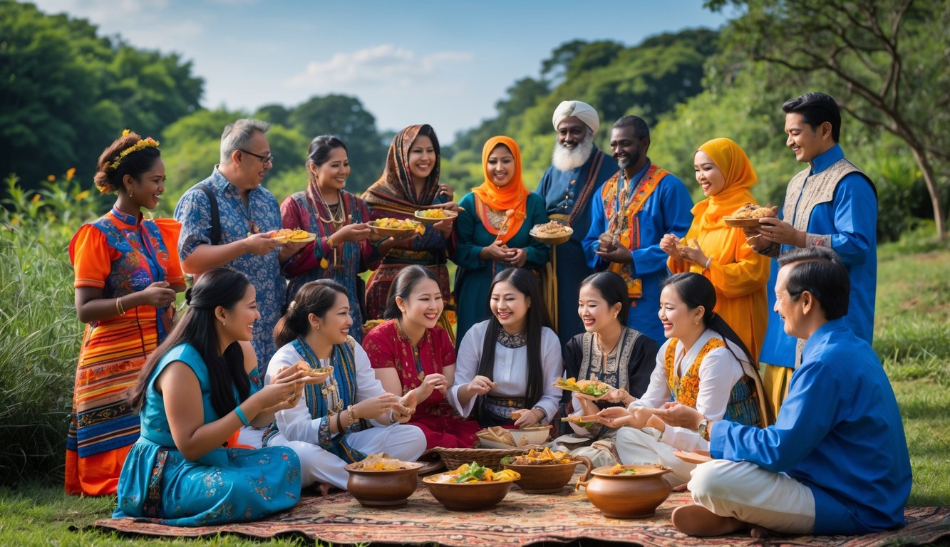 Sekelompok orang dari berbagai suku terbesar di dunia sedang berkumpul di luar ruangan, mengenakan pakaian tradisional dan berinteraksi dalam kegiatan sosial dan budaya.