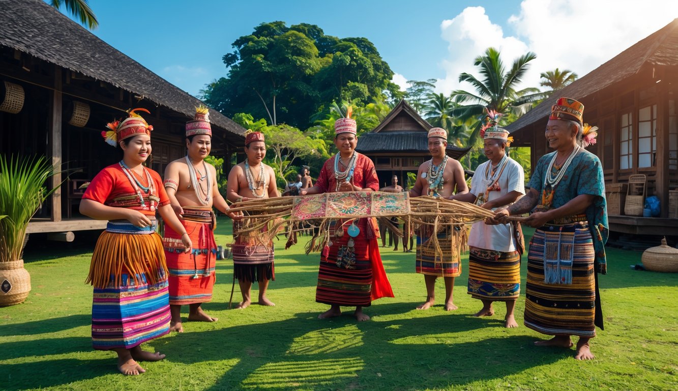 Sekelompok orang Indonesia mengenakan pakaian adat berbagai suku utama sedang berkumpul di luar ruangan dengan latar rumah tradisional dan suasana alam tropis.