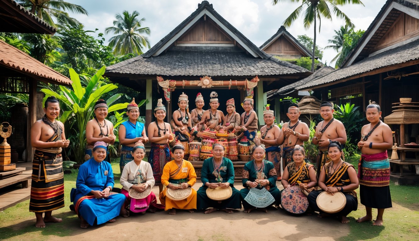 Sekelompok orang Indonesia dari berbagai suku utama mengenakan pakaian adat tradisional sedang berkumpul di luar ruangan dengan latar rumah adat dan suasana alam tropis.