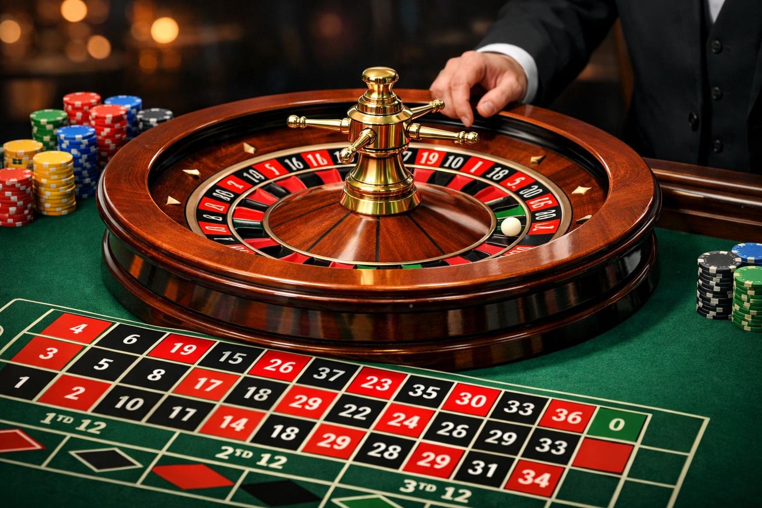 A Roulette Wheel With A Spinning Ball, A Betting Table With Chips, And A Dealer's Hand Ready To Spin The Wheel In A Casino Setting.