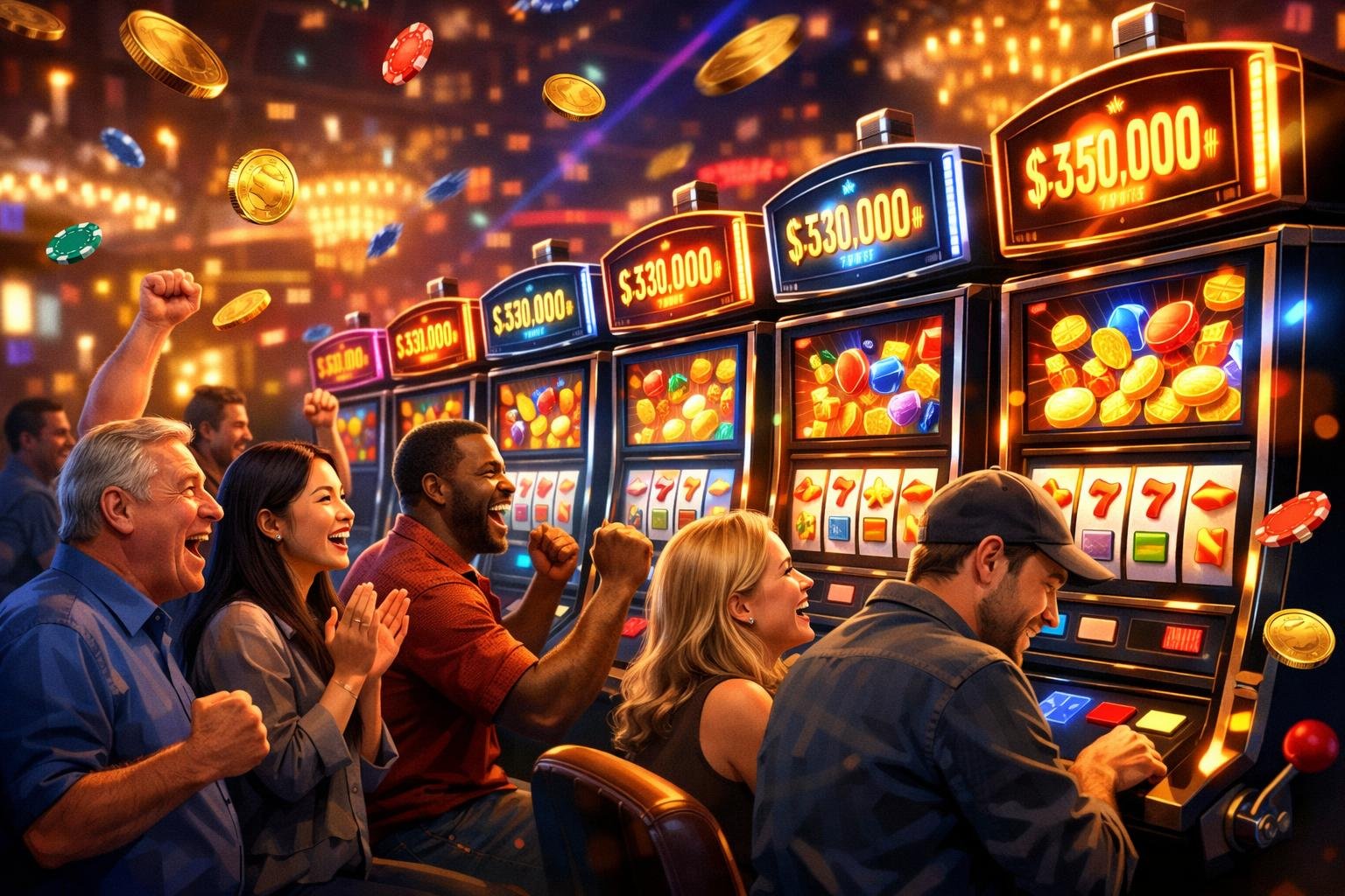 A Lively Casino Scene With People Playing Progressive Jackpot Slot Machines And Celebrating Wins.