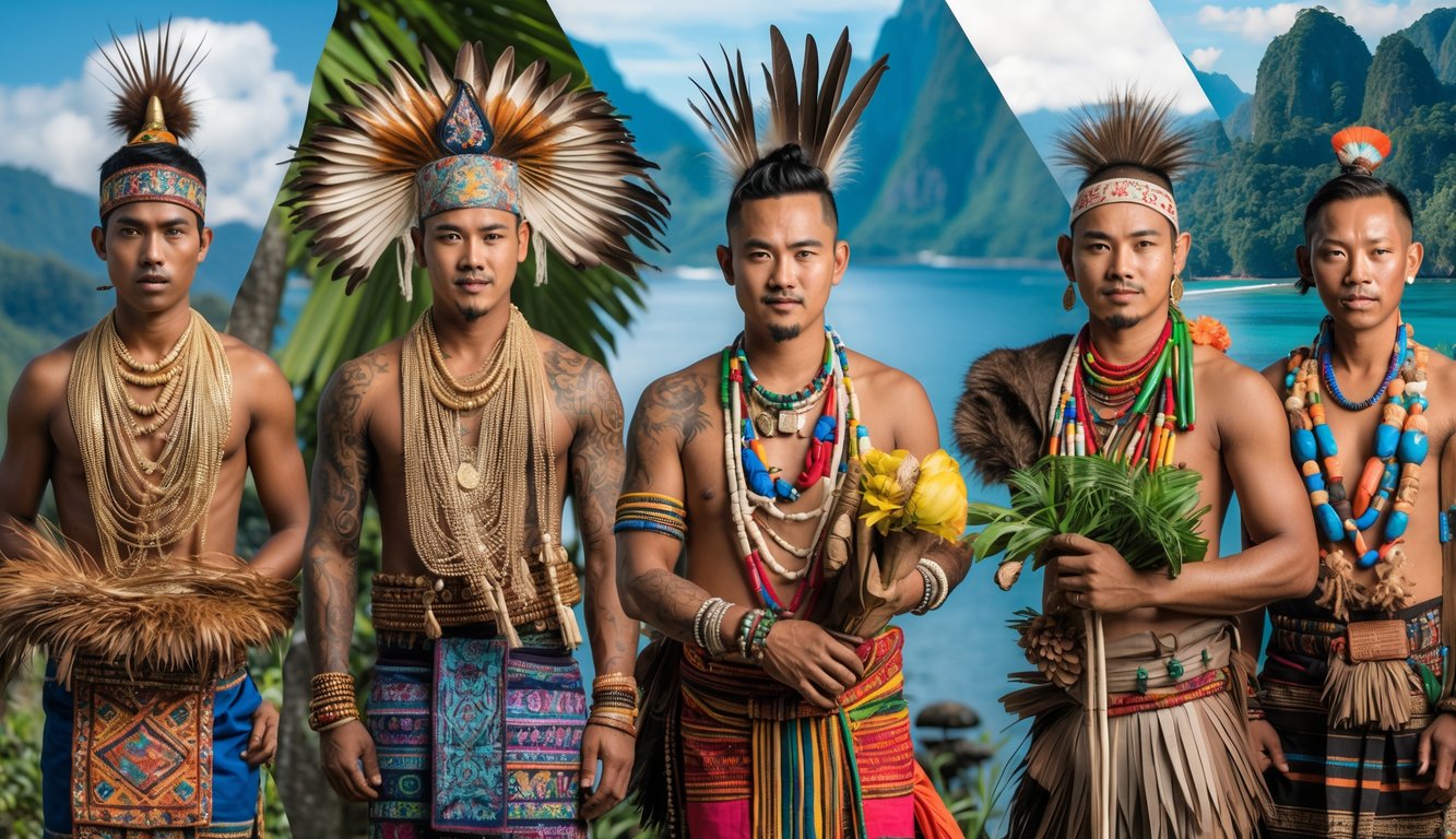 Beberapa orang mengenakan pakaian adat tradisional dari berbagai suku utama di Indonesia dengan latar belakang pemandangan alam yang berbeda.