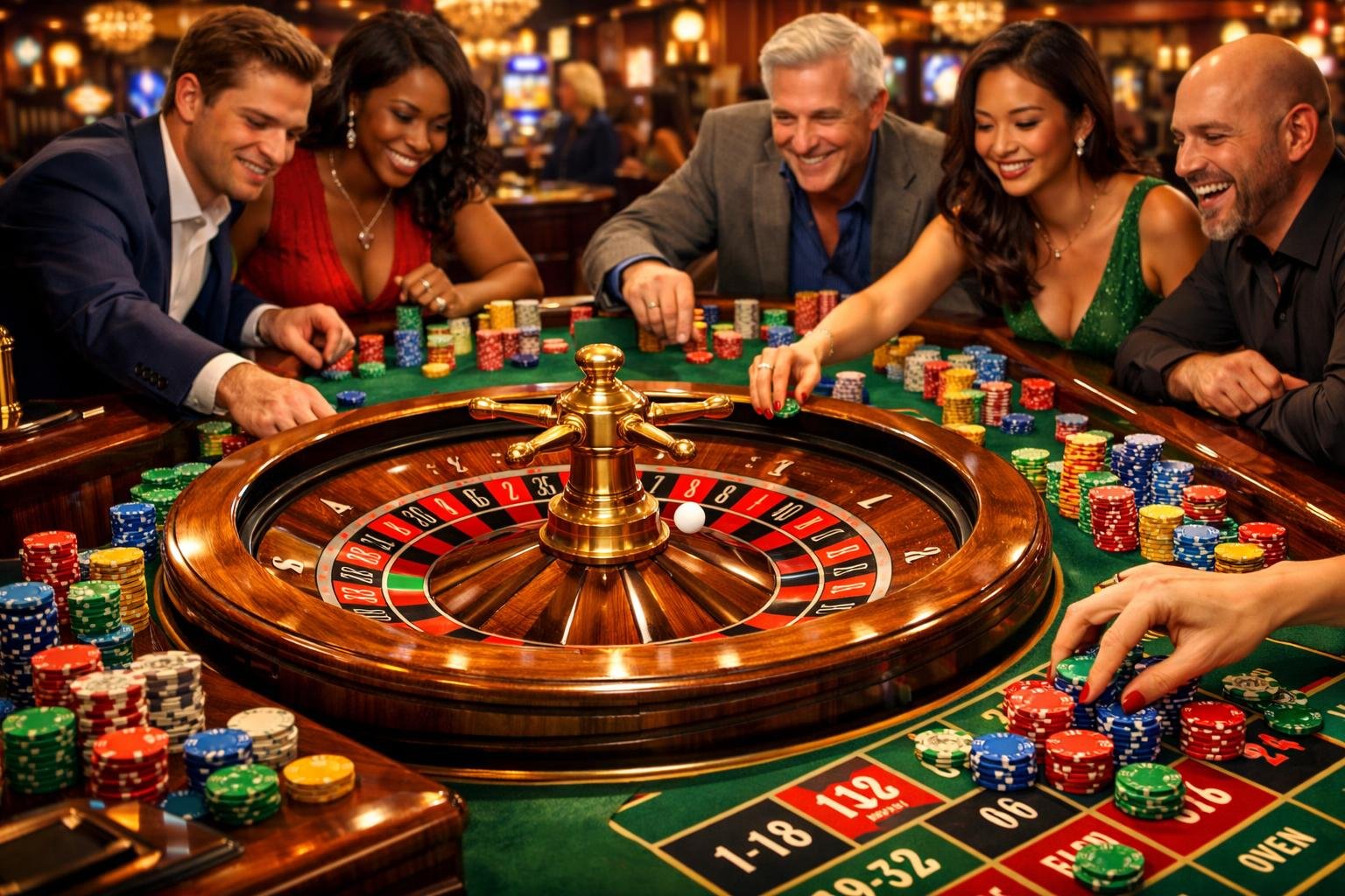 A Group Of People Gathered Around A Roulette Table In A Lively Casino, Watching The Spinning Roulette Wheel As They Place Bets.