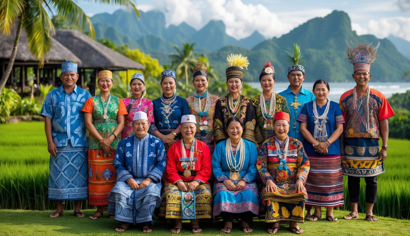 Sekelompok orang Indonesia mengenakan pakaian adat dari berbagai suku di latar alam tropis dengan pemandangan pegunungan dan sawah.