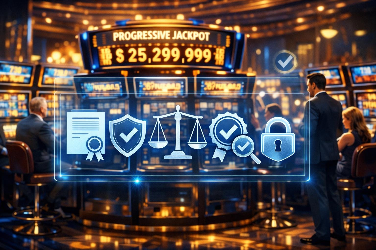 A Casino Scene With Slot Machines And A Digital Display Showing Licensing And Fairness Symbols, Highlighting Secure And Regulated Progressive Jackpot Gaming.