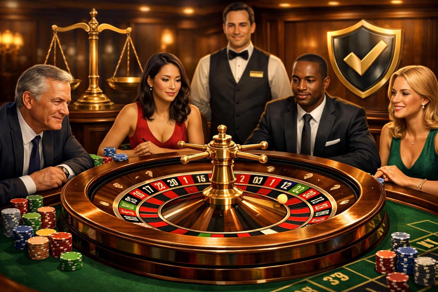 A Roulette Wheel Surrounded By Players In A Casino, With Symbols Representing Fairness And Licensing In The Background.