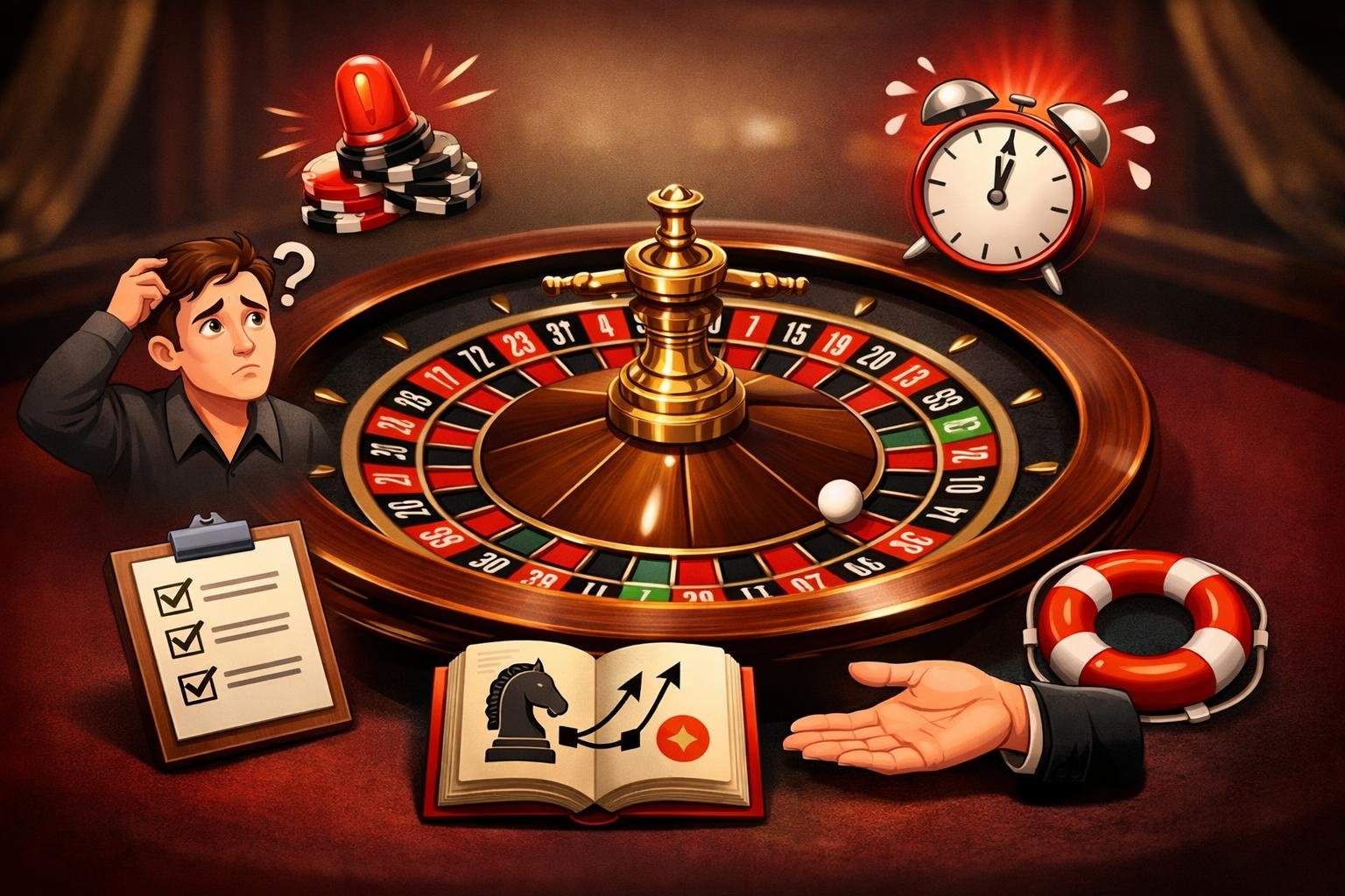 A Roulette Wheel With A Ball, A Confused Player, And Symbols Representing Problems And Solutions Related To Playing Roulette In A Casino.