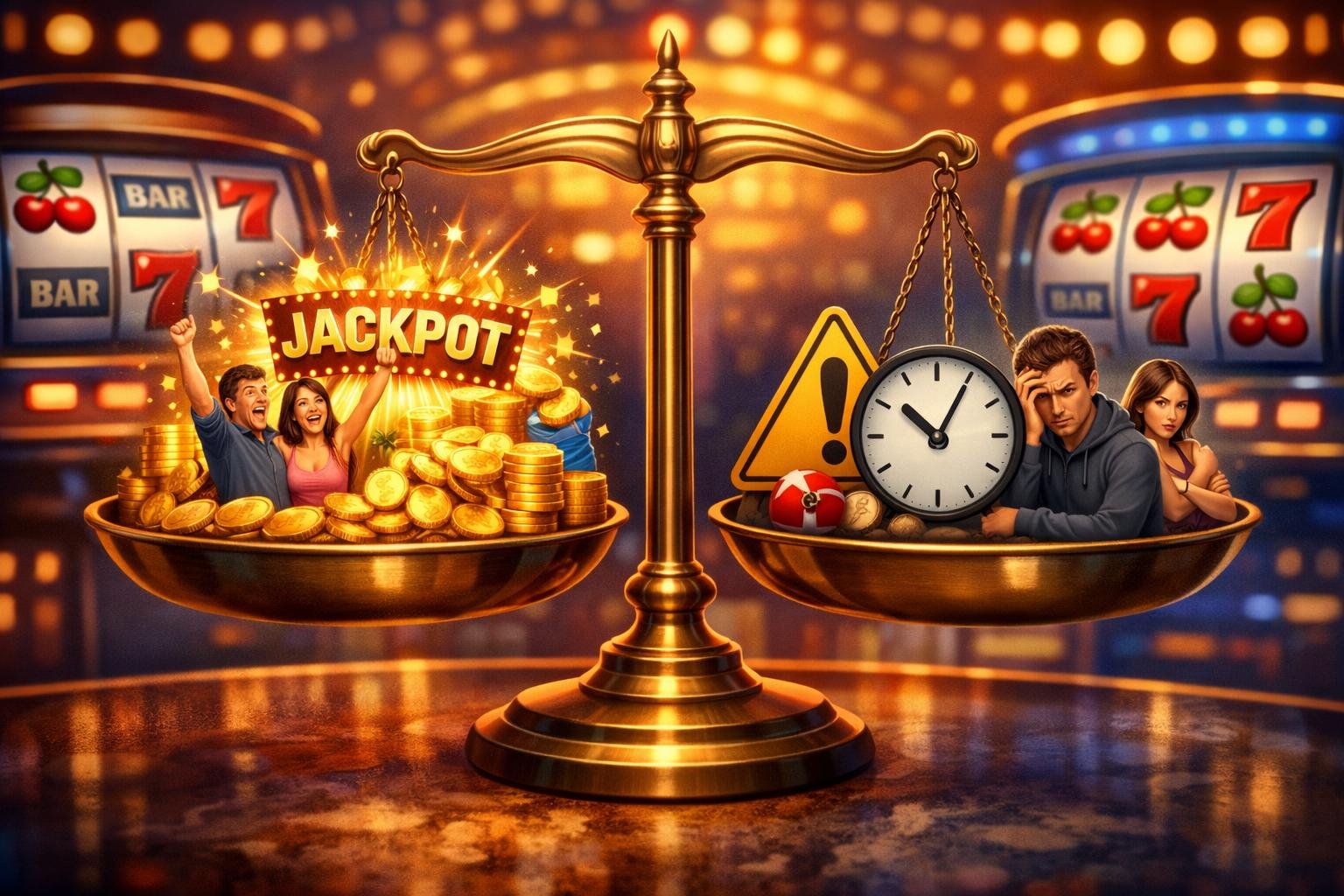 A Balanced Scale With Symbols Representing Benefits Like Coins And Happy Players On One Side, And Risks Like Caution Signs And Disappointed Players On The Other, Set Against A Background Of Slot Machine Reels And Casino Lights.