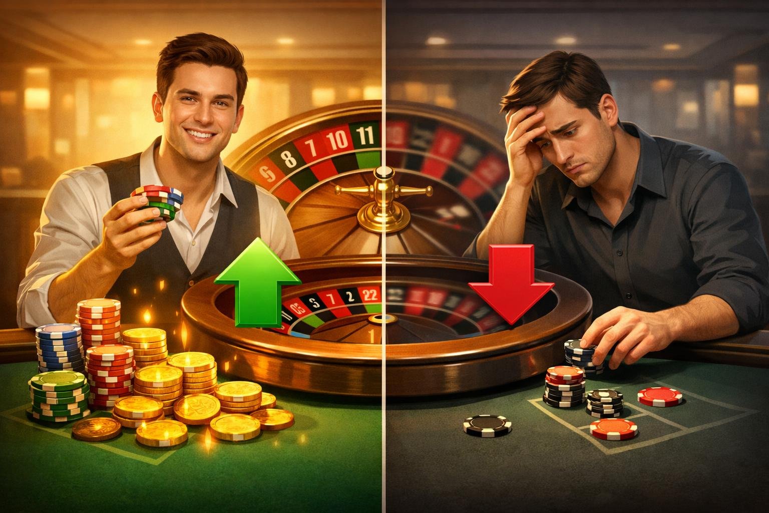 An Illustration Showing Two Sides Of A Roulette Game: A Happy Player With Chips And Winning Numbers On One Side, And A Worried Player With Losing Chips And Blurred Numbers On The Other Side, With A Roulette Table In The Center.