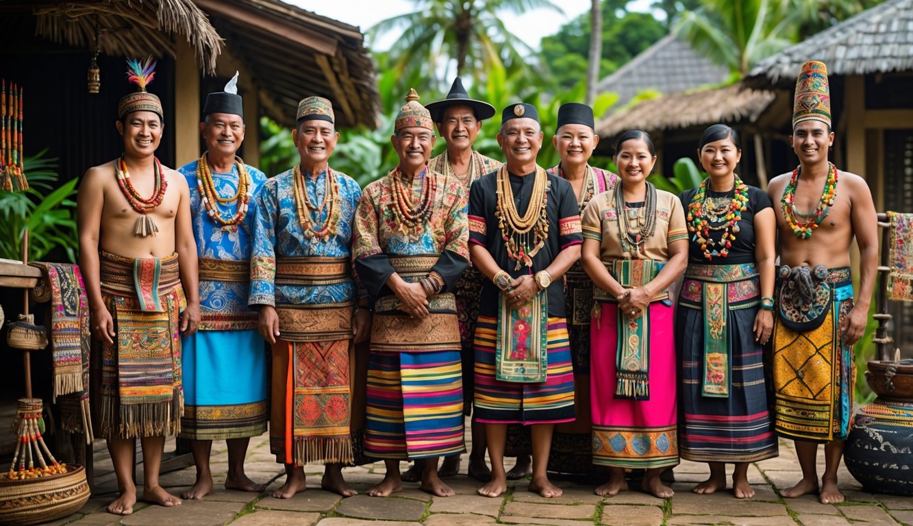Sekelompok orang mengenakan pakaian adat berbagai suku utama di Indonesia, berdiri bersama di luar ruangan dengan latar alam tropis dan rumah tradisional.