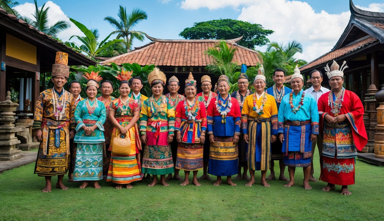 Sekelompok orang Indonesia mengenakan pakaian adat berwarna-warni dari berbagai suku utama sedang berkumpul di luar ruangan dengan latar belakang rumah tradisional dan pemandangan tropis.