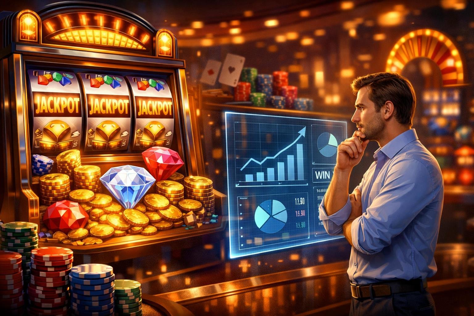 A Person Analyzing A Slot Machine Jackpot With Coins, Gems, And Casino Elements In A Modern Casino Setting.