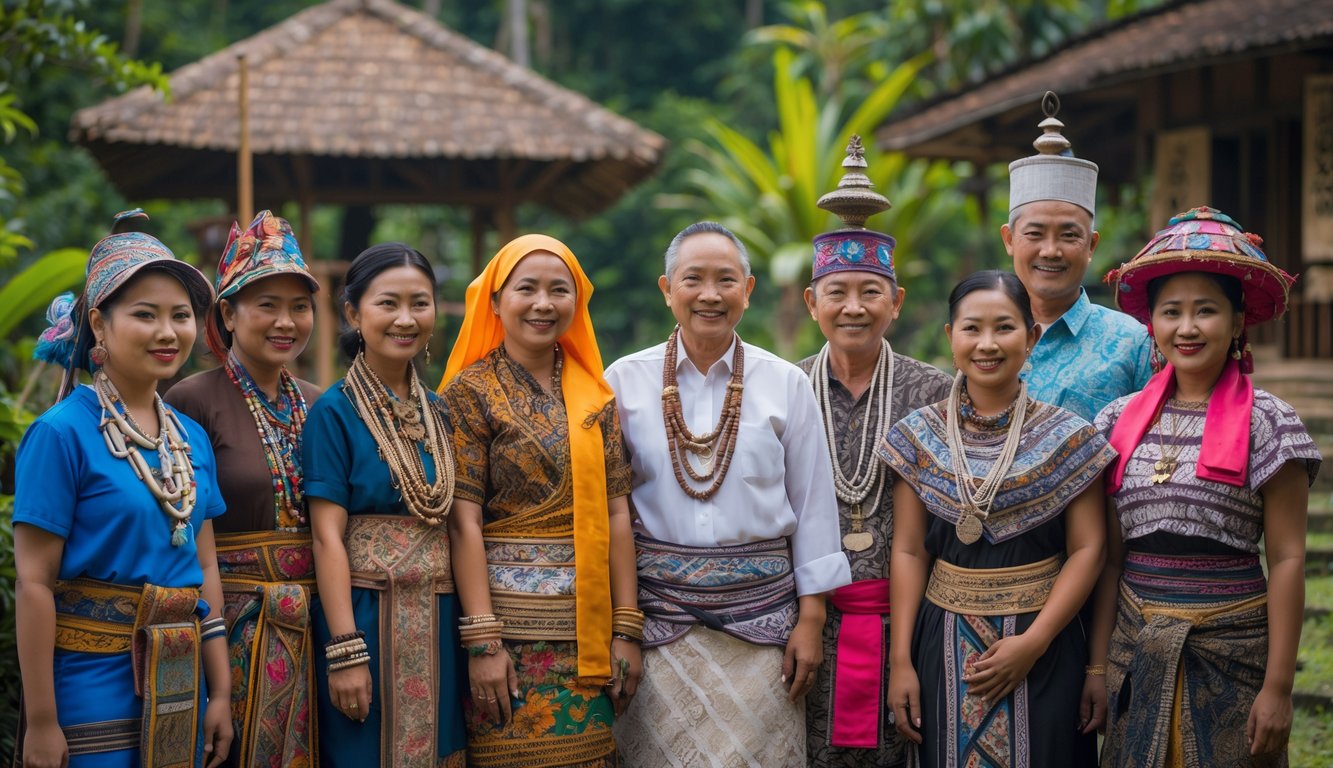 Sekelompok orang Indonesia dari berbagai suku utama mengenakan pakaian adat tradisional, berdiri bersama di alam terbuka yang hijau, menunjukkan kebersamaan dan nilai budaya mereka.