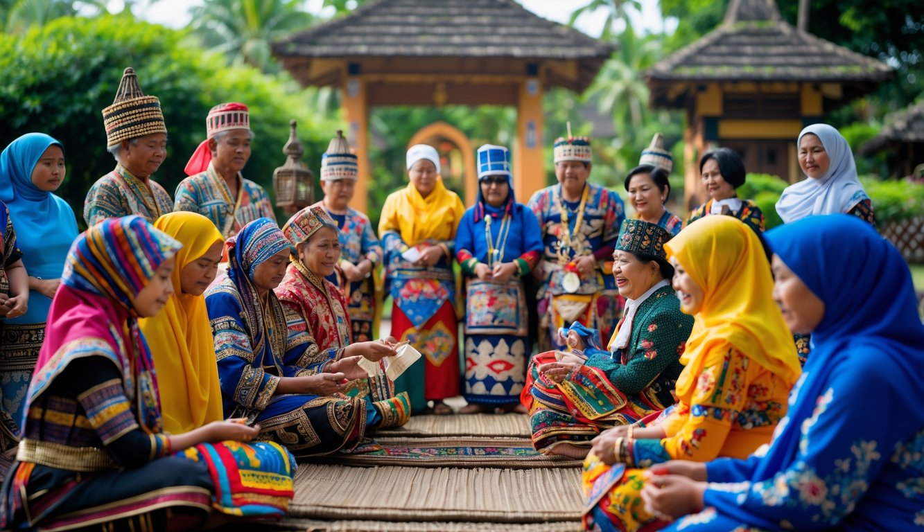 Sekelompok orang Indonesia mengenakan pakaian adat berbagai suku utama sedang berkumpul di luar ruangan dengan latar belakang alam dan bangunan tradisional.