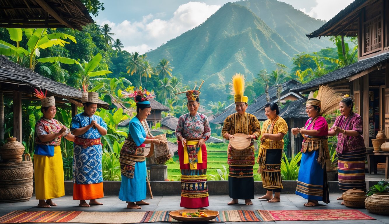 Orang-orang mengenakan pakaian adat tradisional Indonesia dari berbagai suku sedang melakukan aktivitas budaya di latar alam Indonesia.