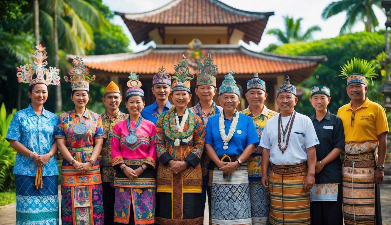Sekelompok orang Indonesia mengenakan pakaian adat dari berbagai suku utama berdiri bersama di luar ruangan dengan latar belakang alam dan bangunan tradisional.