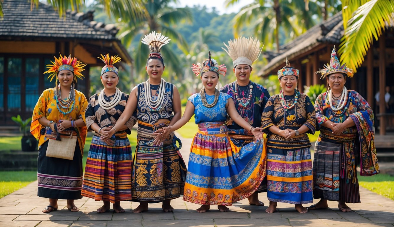 Sekelompok orang mengenakan pakaian adat dari berbagai suku utama di Indonesia sedang berkumpul di luar ruangan dengan latar belakang alam tropis dan arsitektur tradisional.