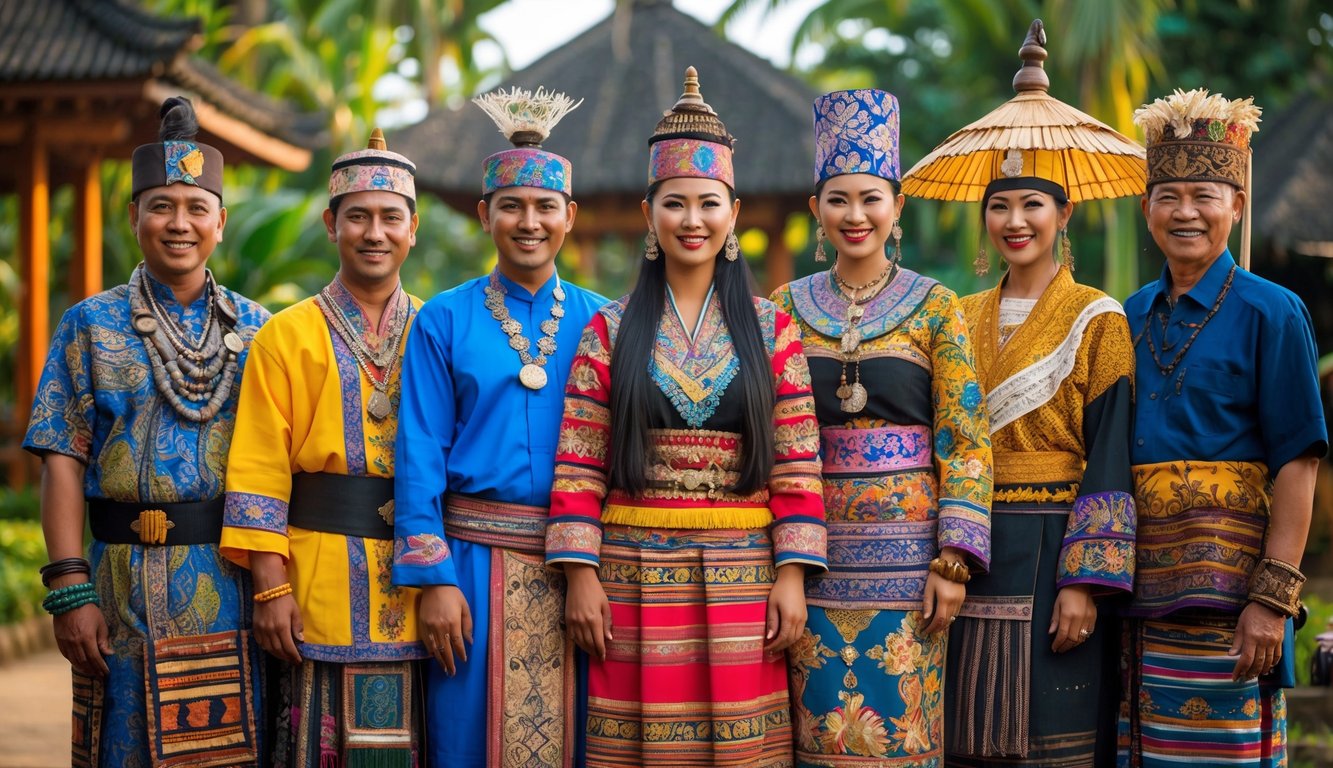 Sekelompok orang mengenakan pakaian adat berbagai suku utama di Indonesia berdiri bersama di luar ruangan dengan latar belakang alam dan bangunan tradisional.
