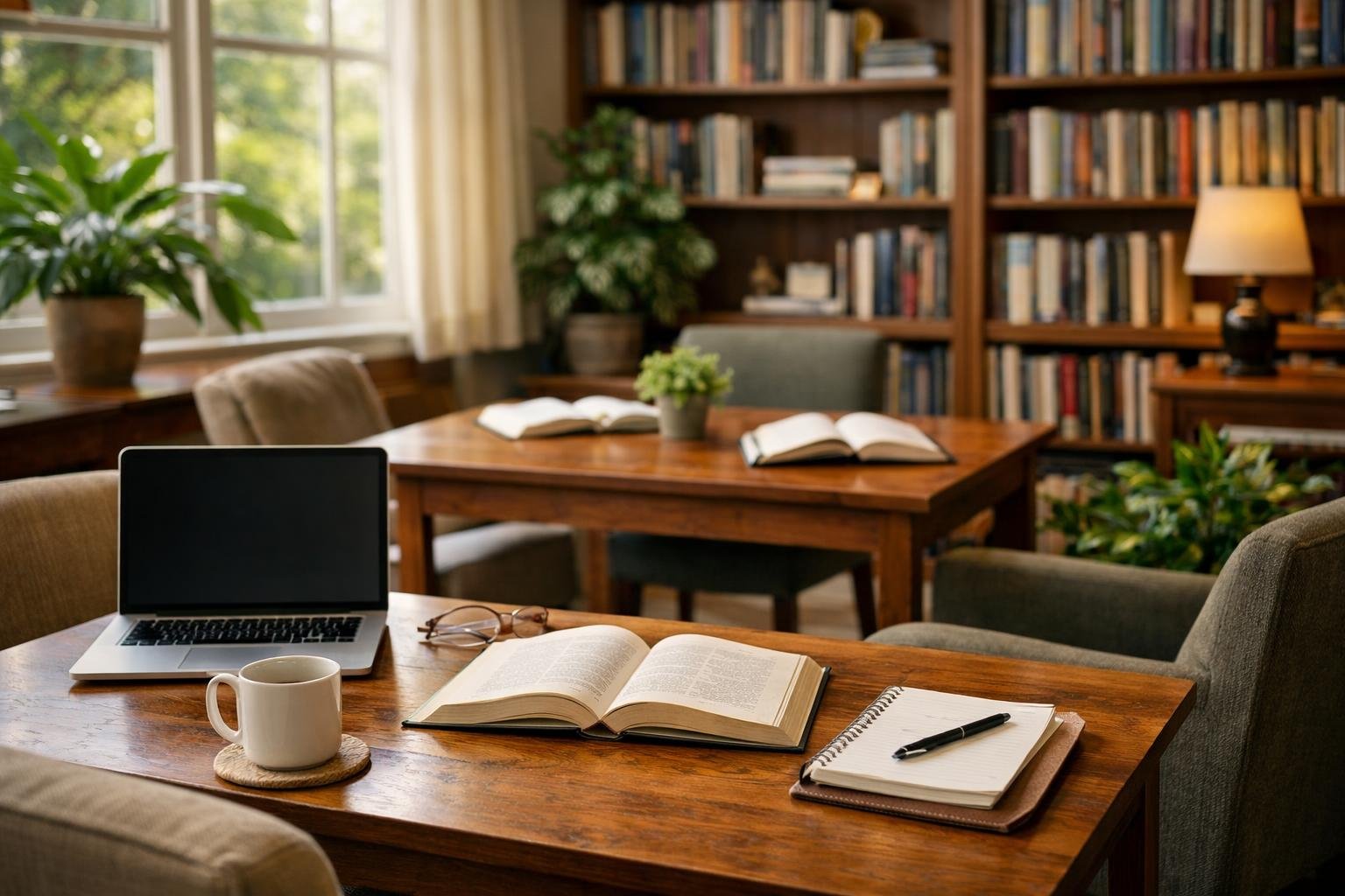 A quiet study room with wooden desks, open books, laptops, and green plants by large windows letting in natural light.