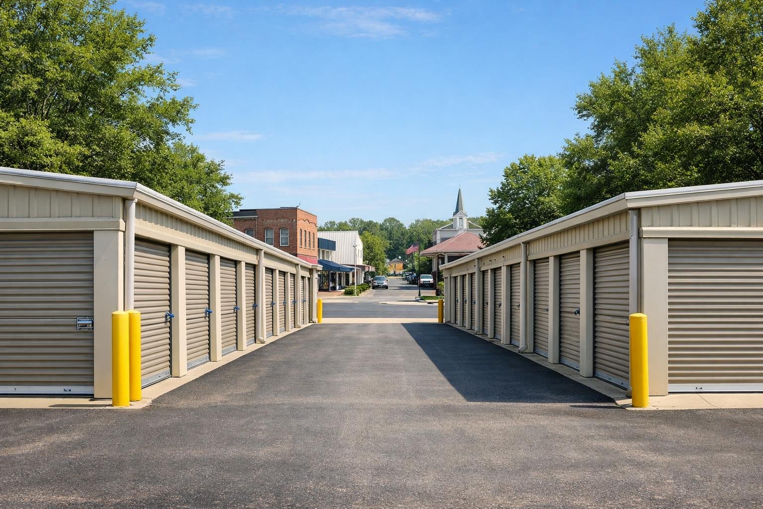 A clean storage facility with rows of storage units and a quiet small-town street in the background.