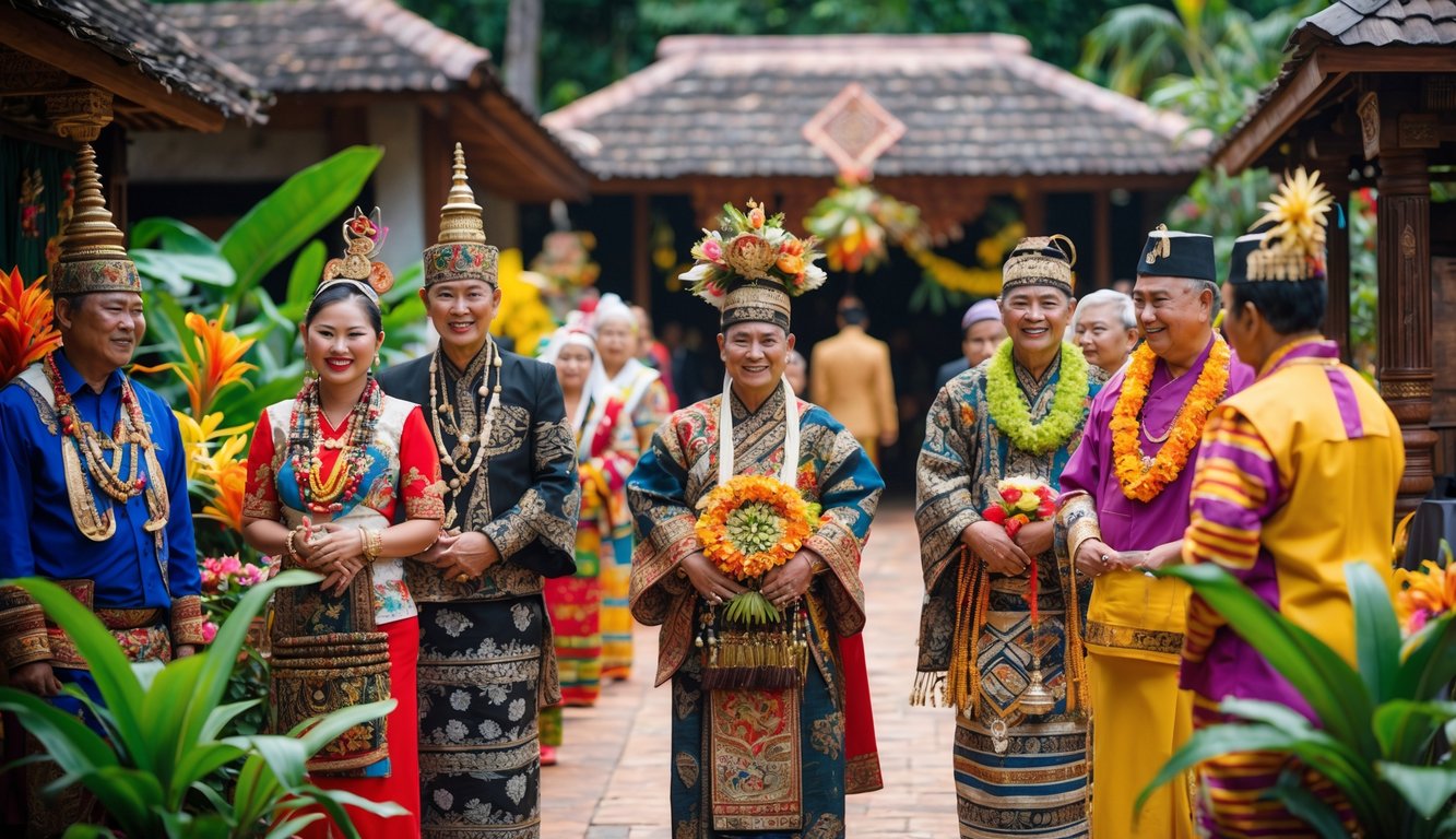 Upacara pernikahan tradisional dengan pria dan wanita mengenakan pakaian adat berwarna-warni dari berbagai suku utama di Indonesia di sebuah tempat dengan dekorasi budaya dan tanaman tropis.