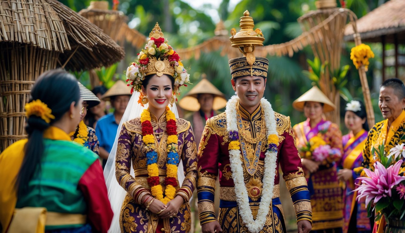 Seorang pengantin dan keluarga mengenakan pakaian adat tradisional Indonesia dalam upacara pernikahan di luar ruangan dengan dekorasi tradisional.