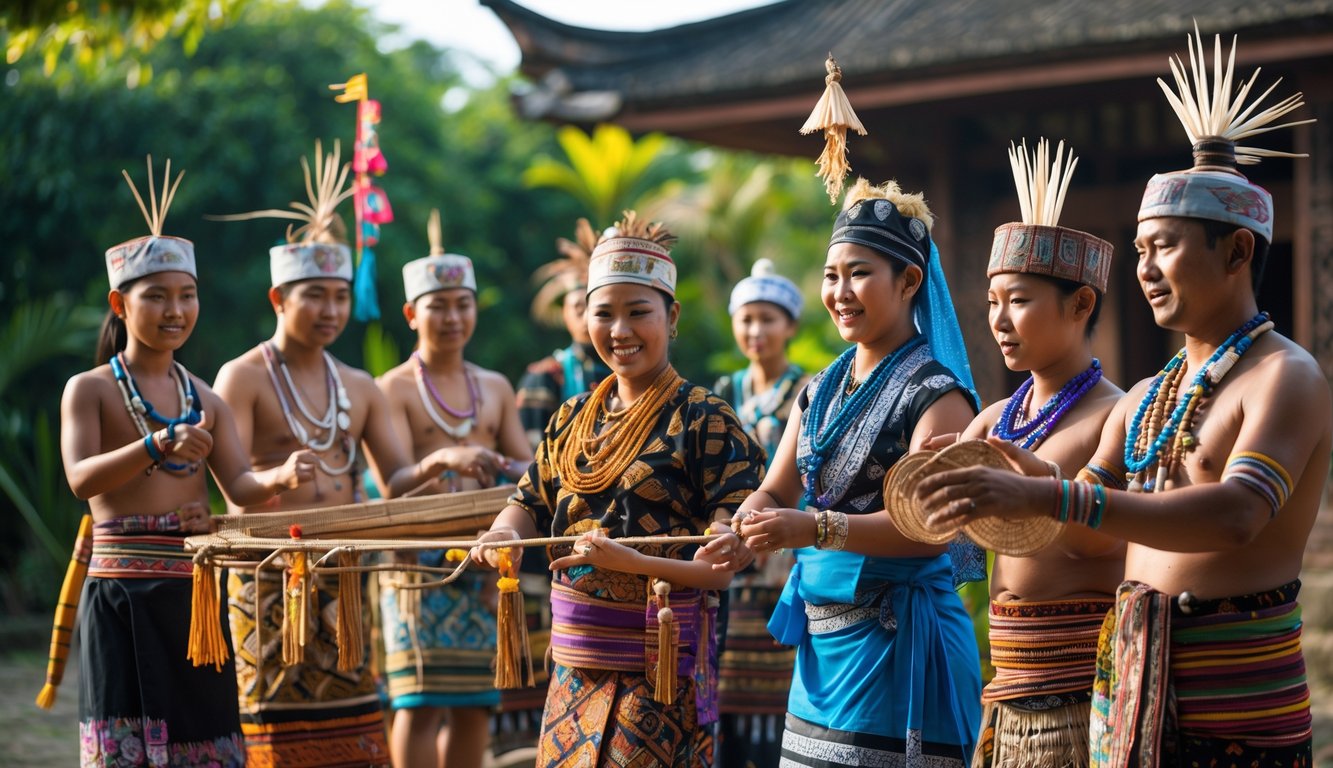 Sekelompok orang Indonesia mengenakan pakaian adat berbagai suku utama sedang melakukan aktivitas budaya di luar ruangan dengan latar belakang alam dan bangunan tradisional.