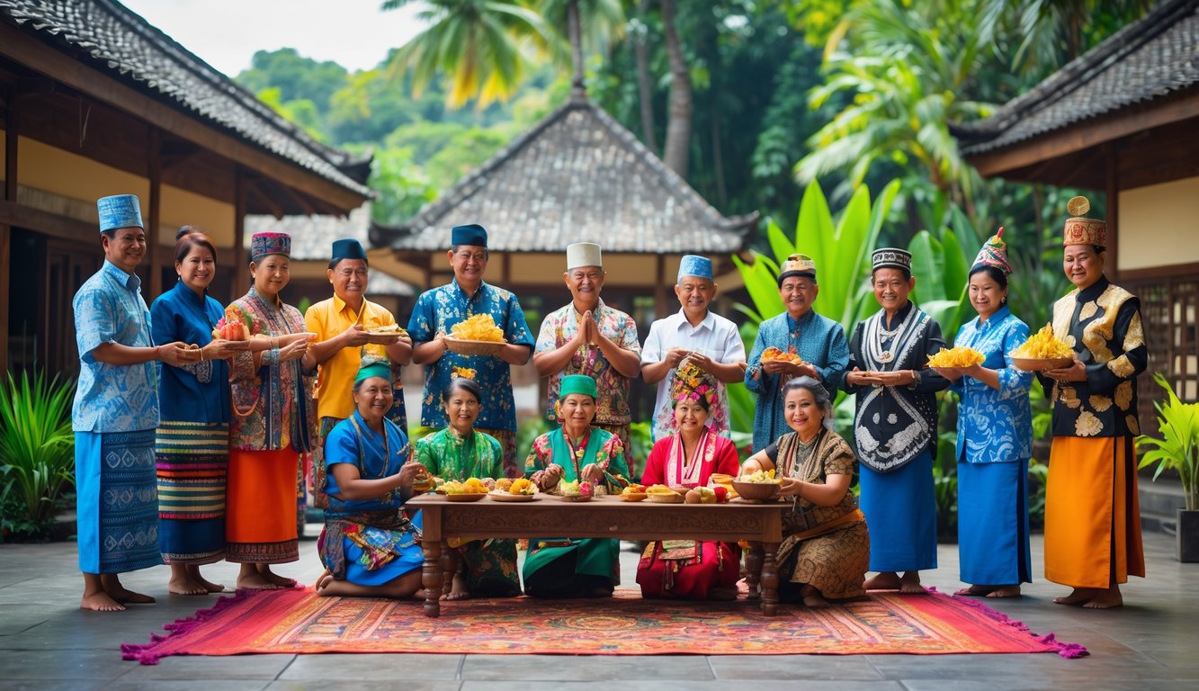 Sekelompok orang Indonesia mengenakan pakaian adat dari berbagai suku utama sedang berkumpul di luar ruangan dengan latar pepohonan hijau dan bangunan tradisional.
