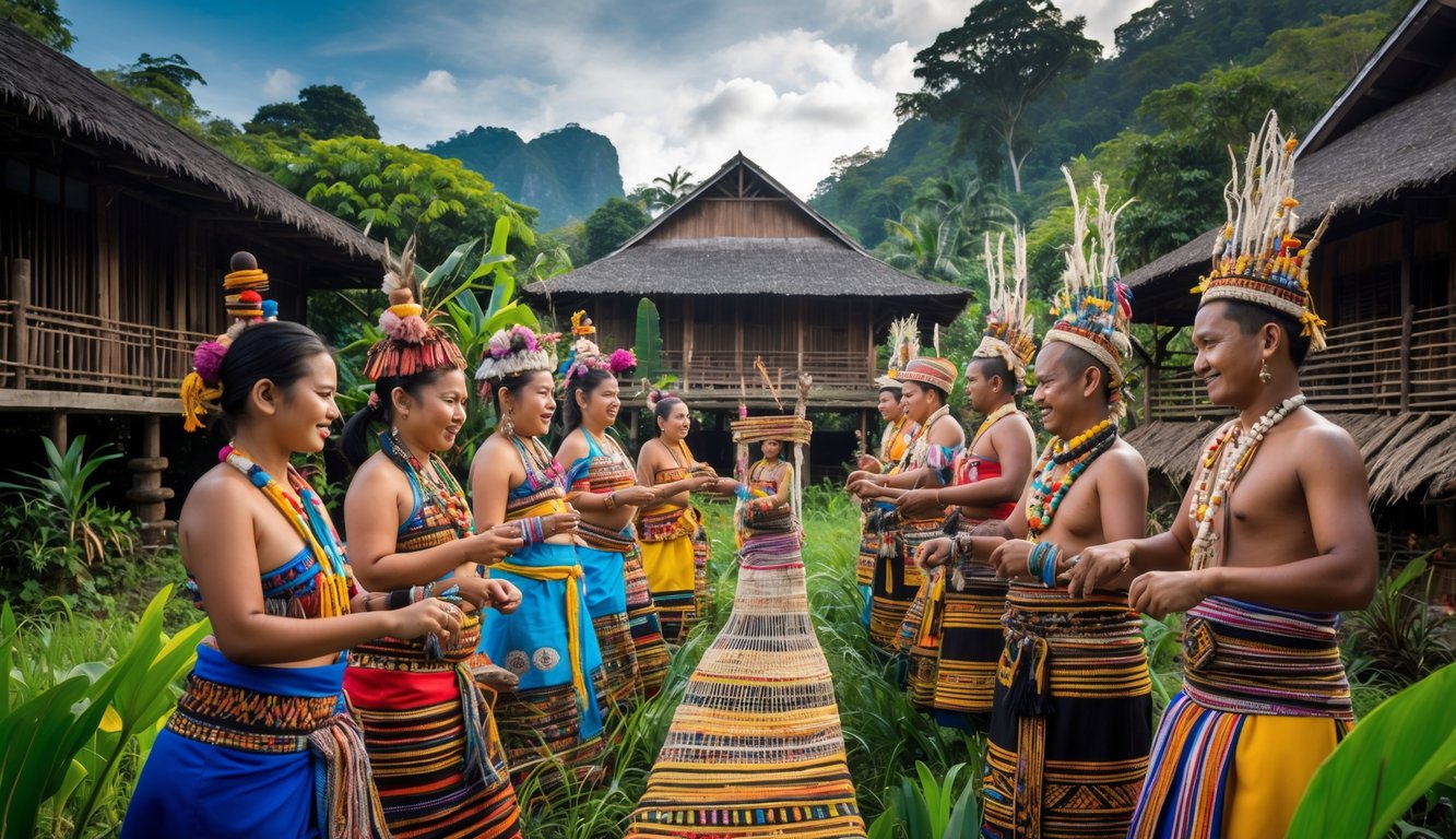 Sekelompok orang dari suku adat utama di Indonesia mengenakan pakaian tradisional berwarna-warni sedang melakukan kegiatan budaya di lingkungan alami dengan rumah adat di latar belakang.