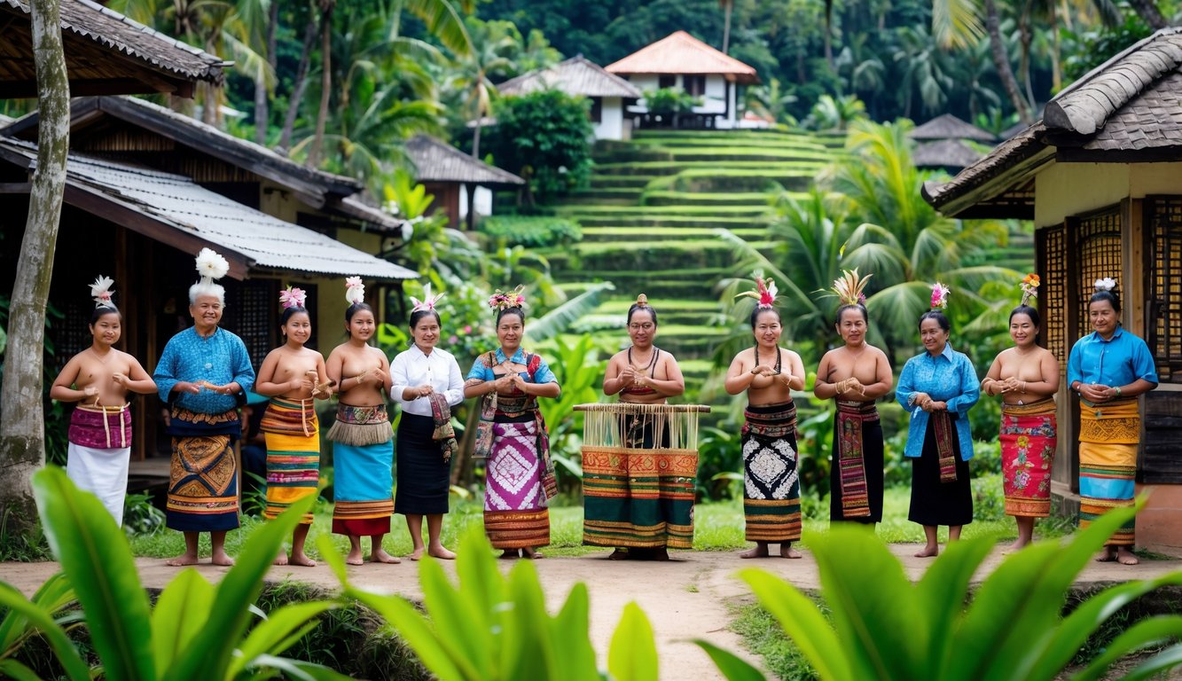 Sekelompok orang Indonesia mengenakan pakaian adat tradisional dari berbagai suku utama sedang melakukan aktivitas budaya di luar ruangan dengan latar alam tropis dan rumah tradisional.