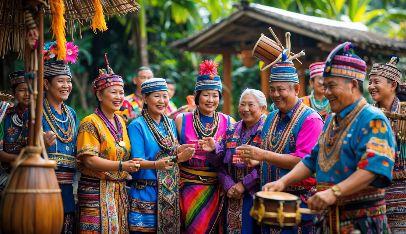 Sekelompok orang Indonesia mengenakan pakaian adat tradisional dari berbagai suku besar, berkumpul di luar ruangan dengan latar alam tropis, sedang merayakan tradisi budaya bersama.
