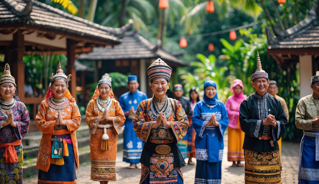 Sekelompok orang Indonesia dari berbagai suku besar mengenakan pakaian adat tradisional sedang melakukan kegiatan budaya di luar ruangan.