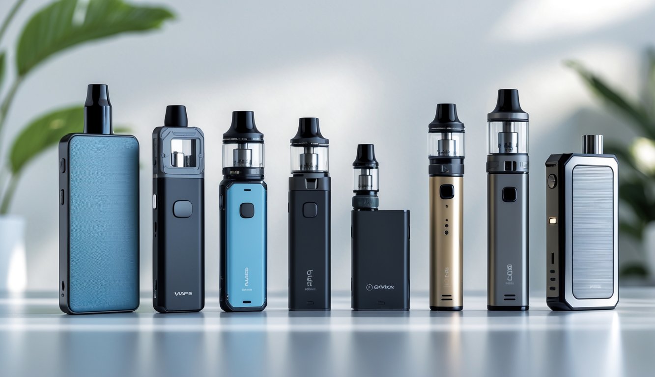 Berbagai jenis perangkat vape seperti pod system, vape pen, dan mod kotak tersusun rapi di atas permukaan yang bersih dengan latar belakang minimalis.