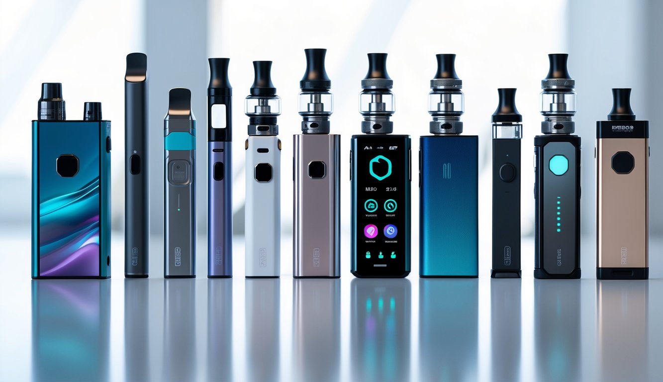 Berbagai jenis perangkat vape seperti pod system, vape pen, dan box mod tersusun rapi di atas permukaan putih dengan pencahayaan alami.