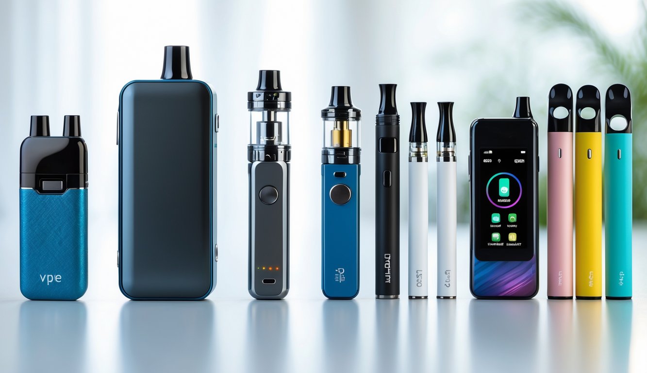 Berbagai jenis perangkat vape populer seperti pod, mod, pen vape, dan disposable vape yang disusun rapi di atas permukaan putih.
