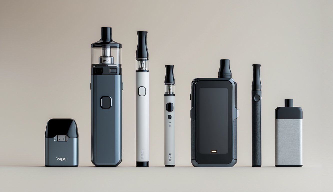 Berbagai jenis perangkat vape populer seperti pod vape, mod vape, pen vape, dan disposable vape disusun rapi di atas latar netral.