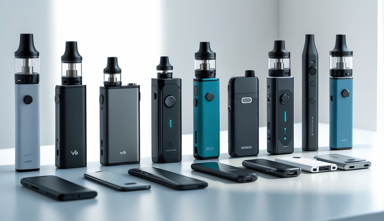 Beberapa perangkat vape dengan berbagai bentuk dan ukuran diletakkan rapi di atas permukaan bersih tanpa orang di sekitar.