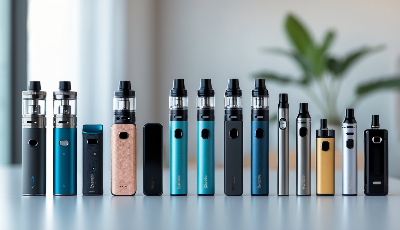 Berbagai jenis perangkat vape modern tersusun rapi di atas permukaan putih dengan latar belakang buram.
