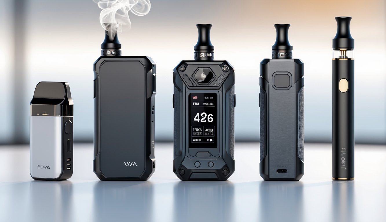 Tiga jenis perangkat vape berbeda disusun rapi di atas permukaan putih bersih, yaitu pod system, box mod, dan vape pen.