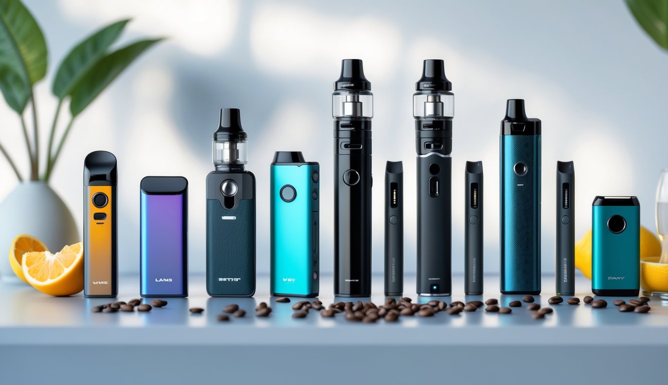 Berbagai jenis perangkat vape populer tahun ini ditata rapi di atas permukaan bersih dengan latar belakang minimalis.