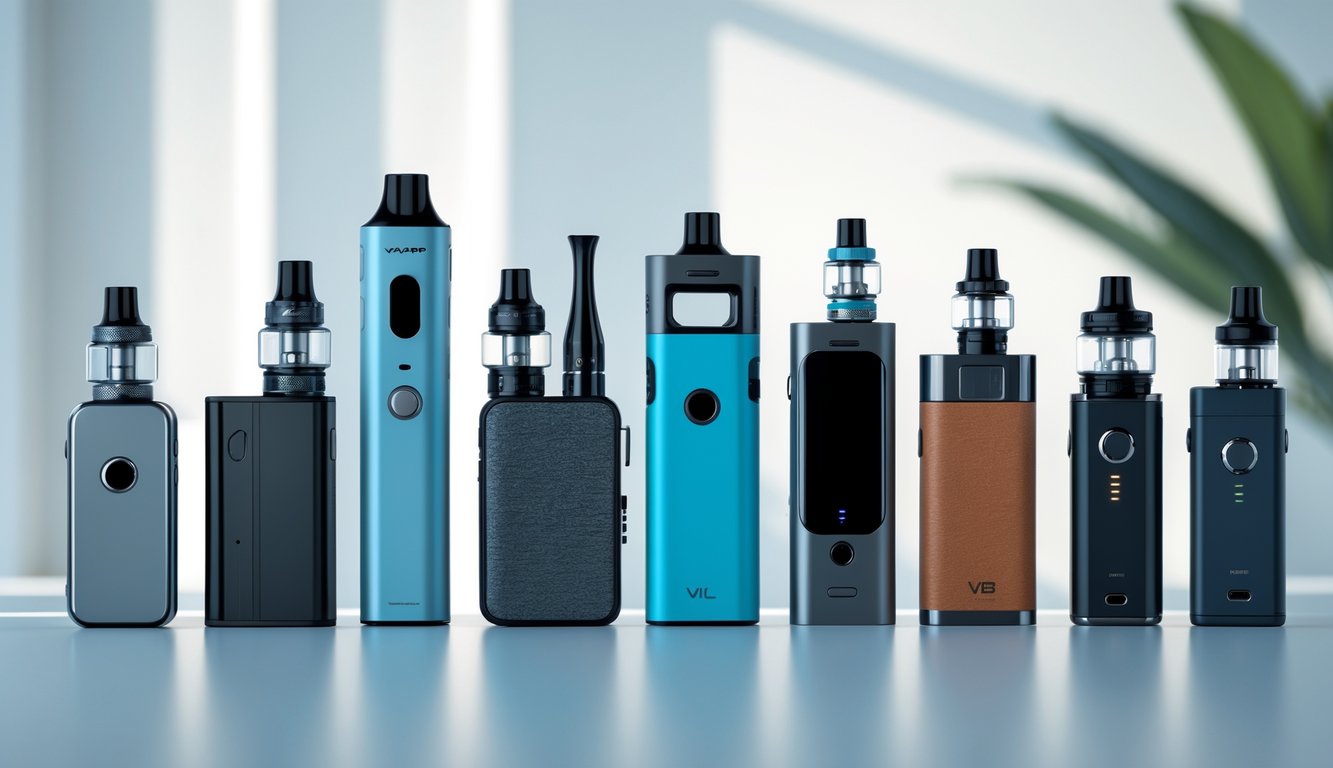 Berbagai jenis perangkat vape dengan berbagai bentuk dan ukuran tersusun rapi di atas permukaan bersih.