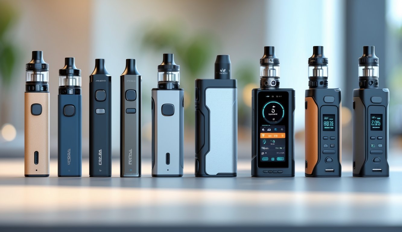 Berbagai jenis perangkat vape dari yang sederhana hingga profesional tersusun rapi di atas meja dengan latar belakang ruangan yang modern.