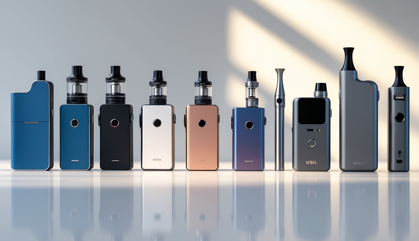 Beberapa perangkat vape modern dengan berbagai desain dan warna tersusun rapi di atas permukaan bersih.