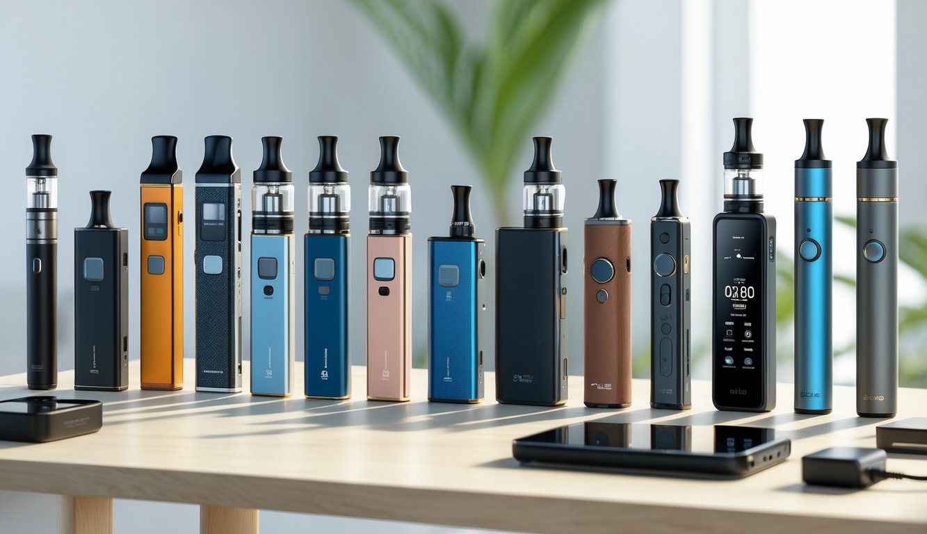 Berbagai jenis perangkat vape yang tersusun rapi di atas meja kayu dengan latar belakang yang samar.