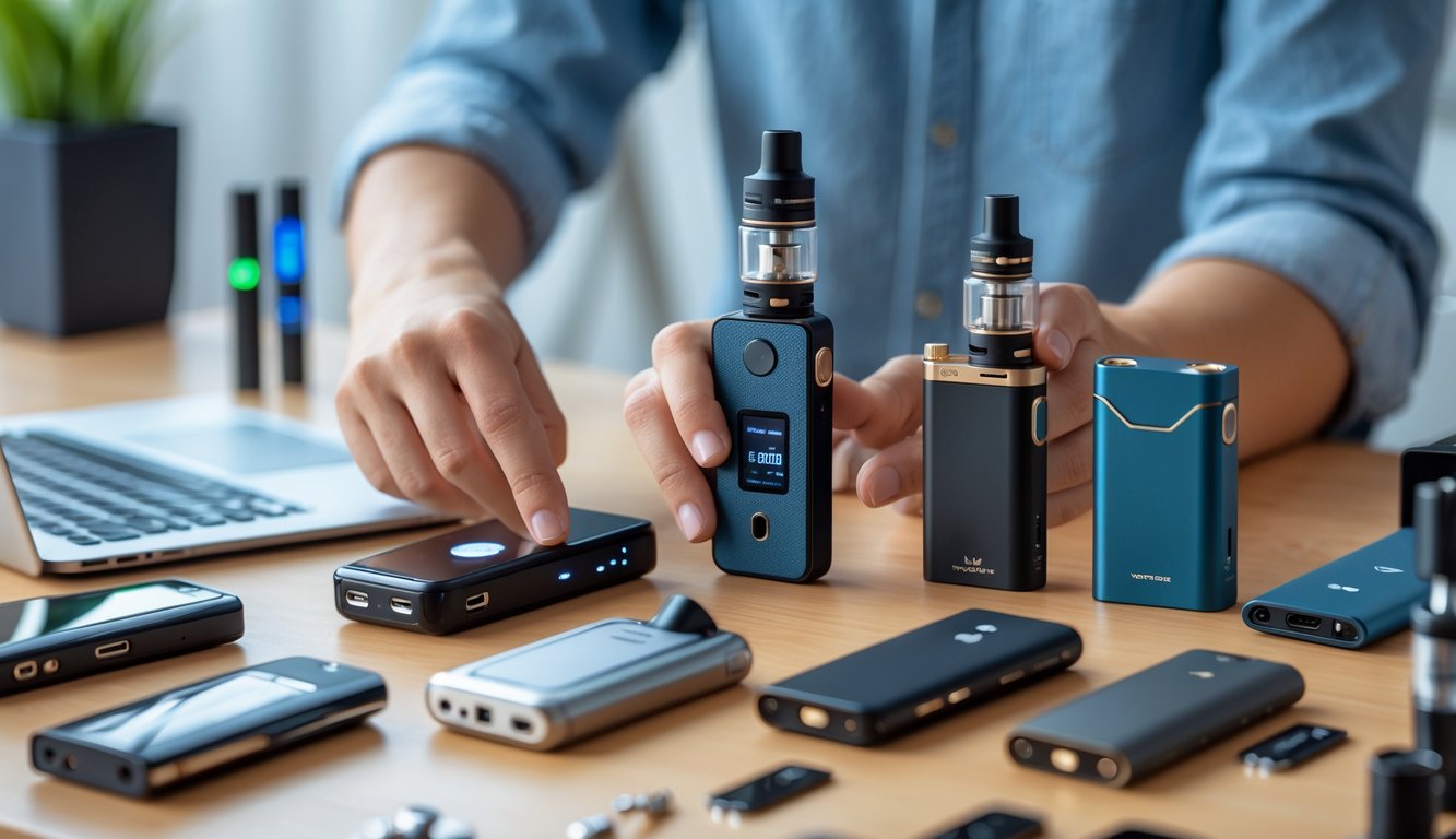 Tangan seseorang sedang memeriksa beberapa perangkat vape yang berbeda di atas meja kayu dengan latar belakang yang samar.