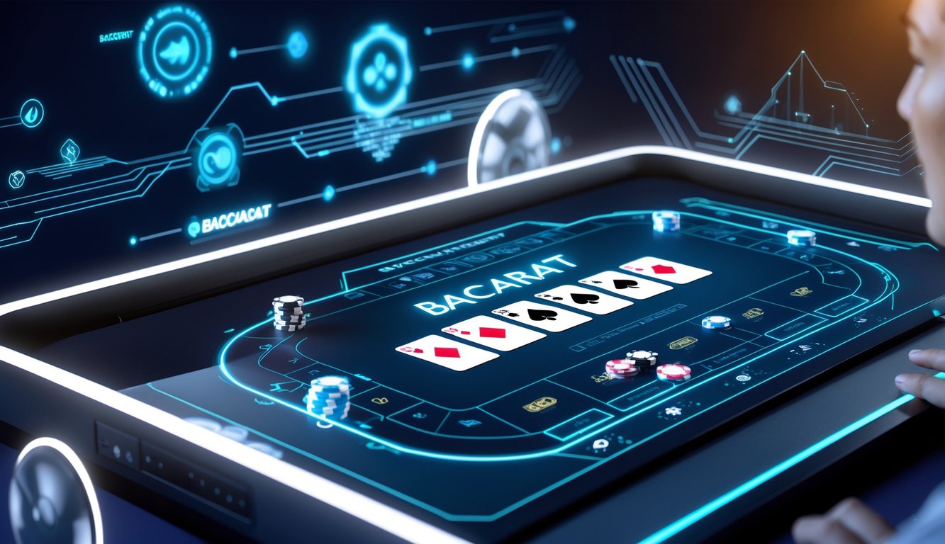 Seorang pemain menggunakan tablet untuk bermain baccarat online di meja digital dengan kartu dan chip virtual, latar belakang menampilkan elemen teknologi futuristik.