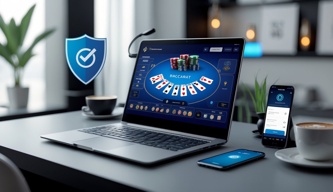 Sebuah laptop menampilkan permainan baccarat online dengan kartu dan chip, di atas meja bersih dengan cangkir kopi dan ponsel yang menunjukkan konfirmasi pembayaran.