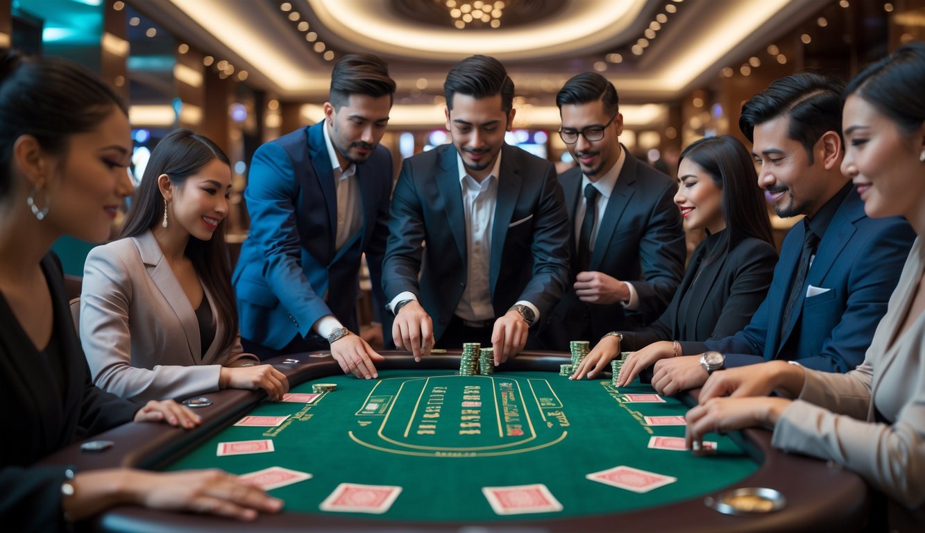 Sekelompok orang bermain baccarat di meja kasino dengan suasana mewah dan pencahayaan hangat.