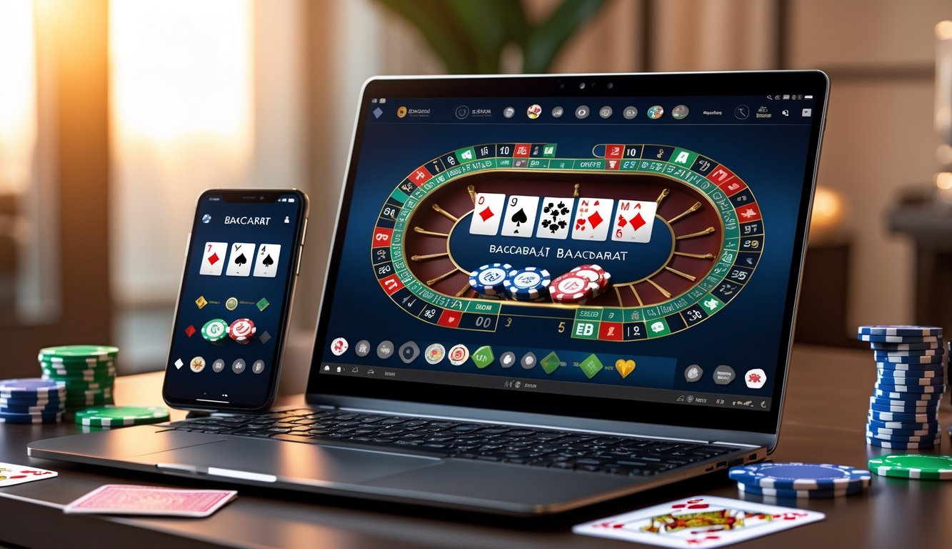 Sebuah laptop modern menampilkan permainan baccarat online dengan kartu dan chip di sekitarnya di meja yang rapi dalam ruangan nyaman.