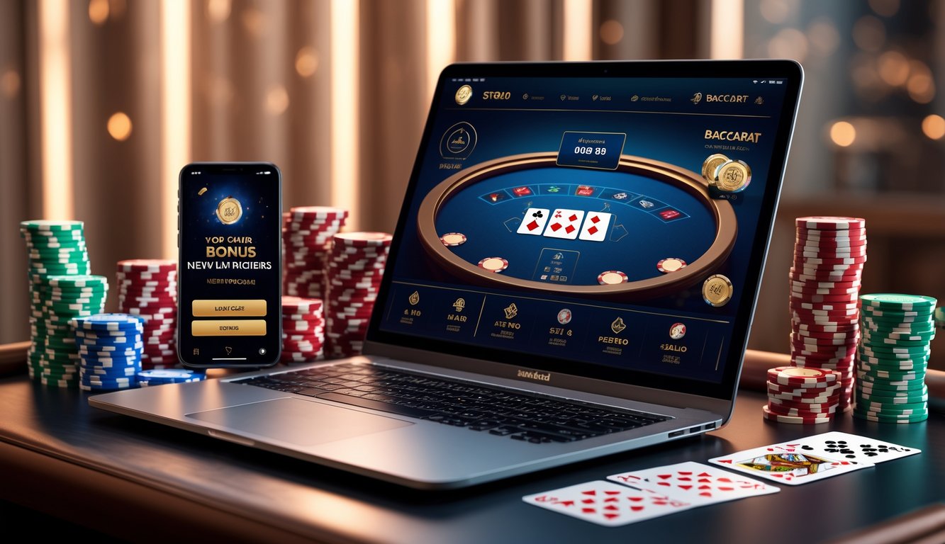 Seorang pemain menggunakan laptop dengan tampilan permainan baccarat online, dikelilingi oleh chip kasino dan kartu remi di atas meja.